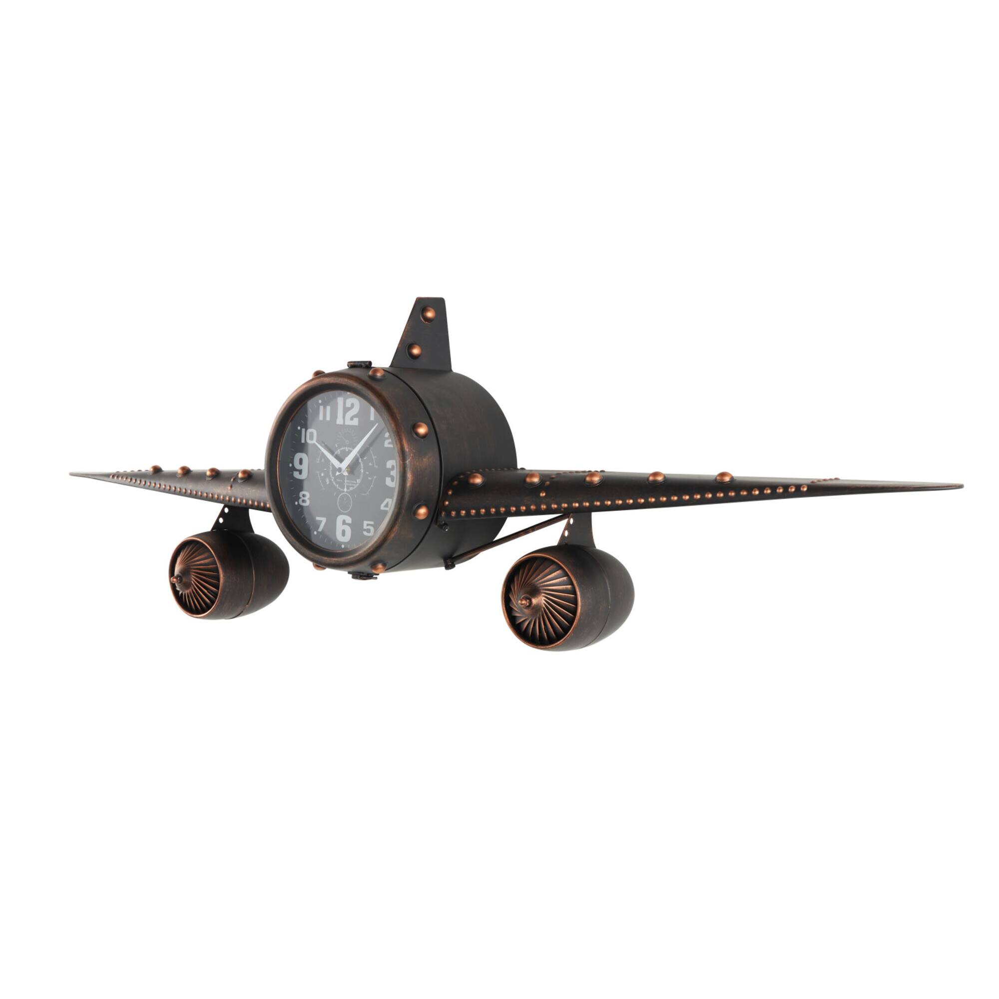 17" Dark Brown Metal Airplane Decorative Wall Clock with Copper Accents